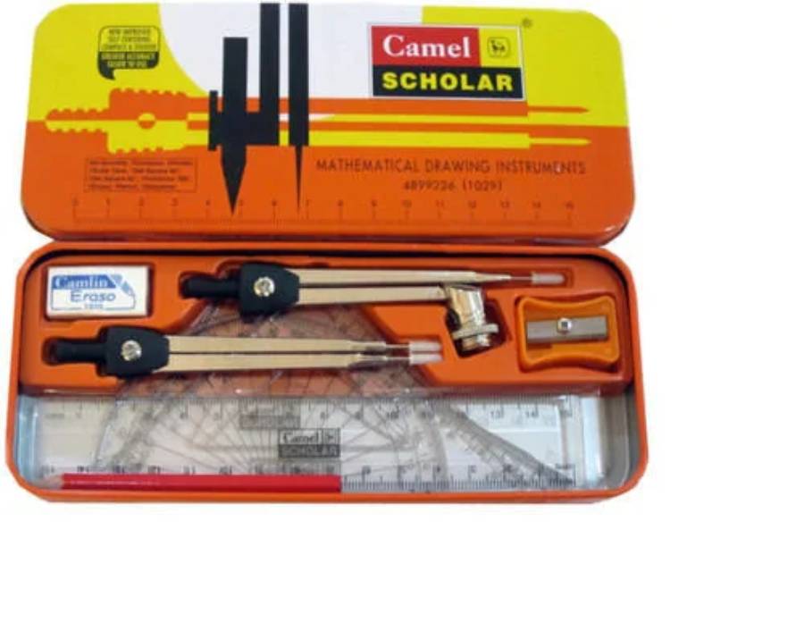 An orange Camel Scholar geometry box containing a compass, divider, eraser, sharpener, protractor, set squares, and a ruler, with the box lid open.