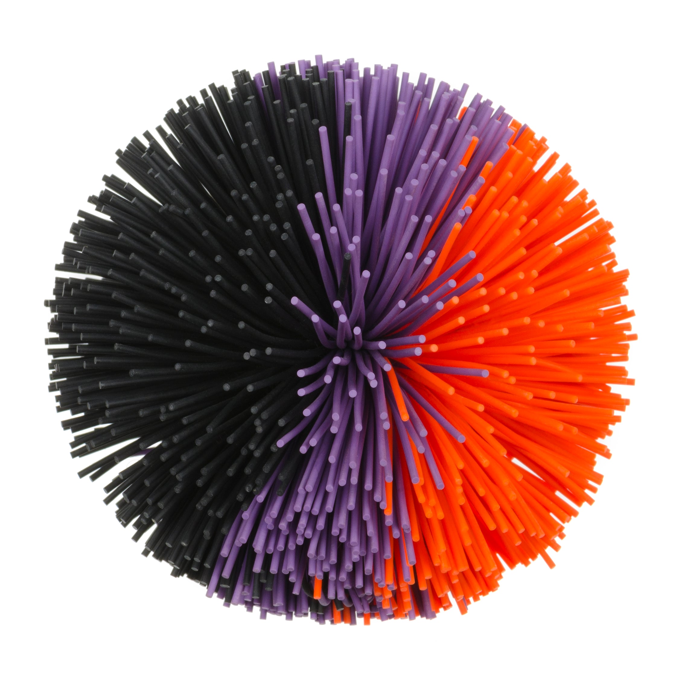 A round, spiky ball toy with three color sections: black, purple, and orange, each composed of rubbery, noodle-like strands radiating from the center.