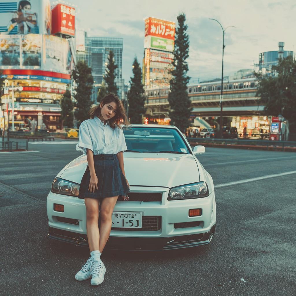 A young woman stands in front of a white sports car in an urban setting with bright city lights, billboards, and a train passing on a bridge in the background.