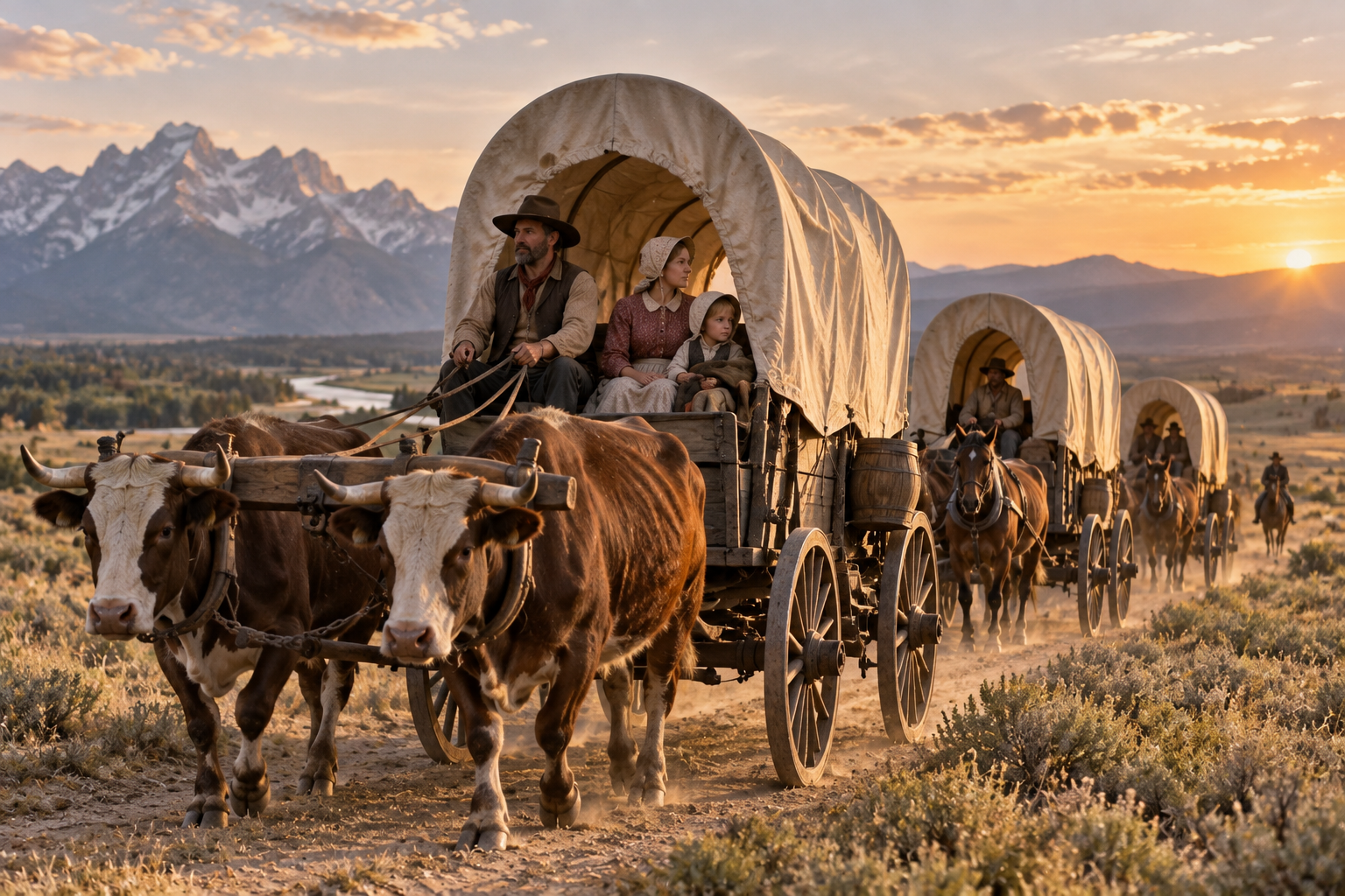A group of covered wagons pulled by oxen travel on a dirt trail at sunset, with people inside and mountains in the background.