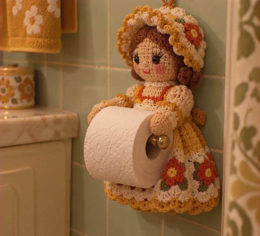 A crocheted doll in a yellow and orange dress holds a roll of toilet paper on a holder, hanging on a tiled bathroom wall next to a sink.