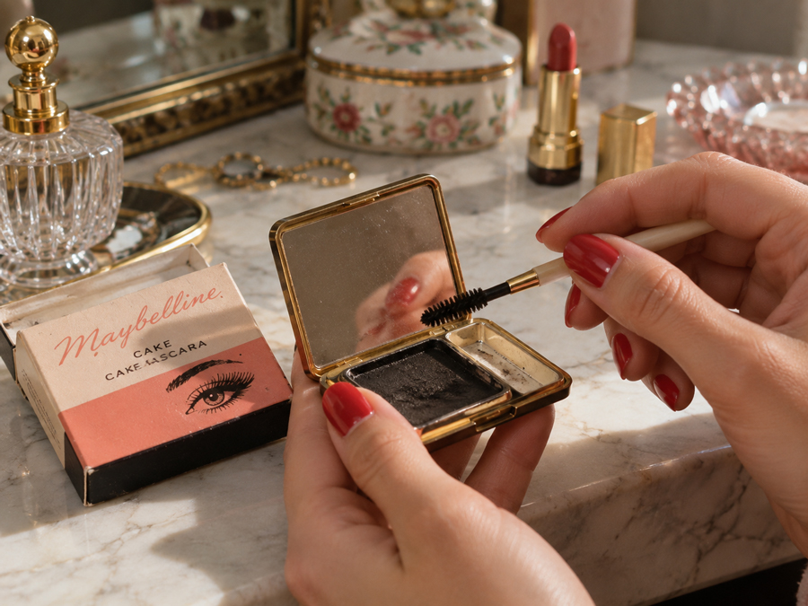 A person with red nails uses a brush to apply black cake mascara from a vintage Maybelline compact on a marble vanity with makeup, perfume, and jewelry visible in the background.