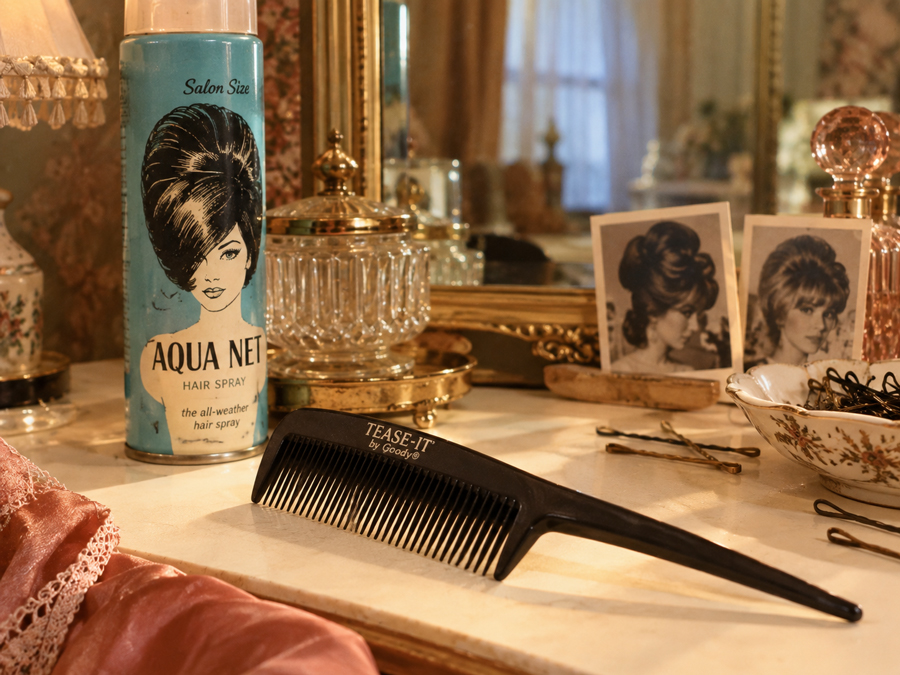 A vintage vanity displays Aqua Net hairspray, a teasing comb, photos of 1960s hairstyles, bobby pins, and glass containers, evoking a retro beauty routine.