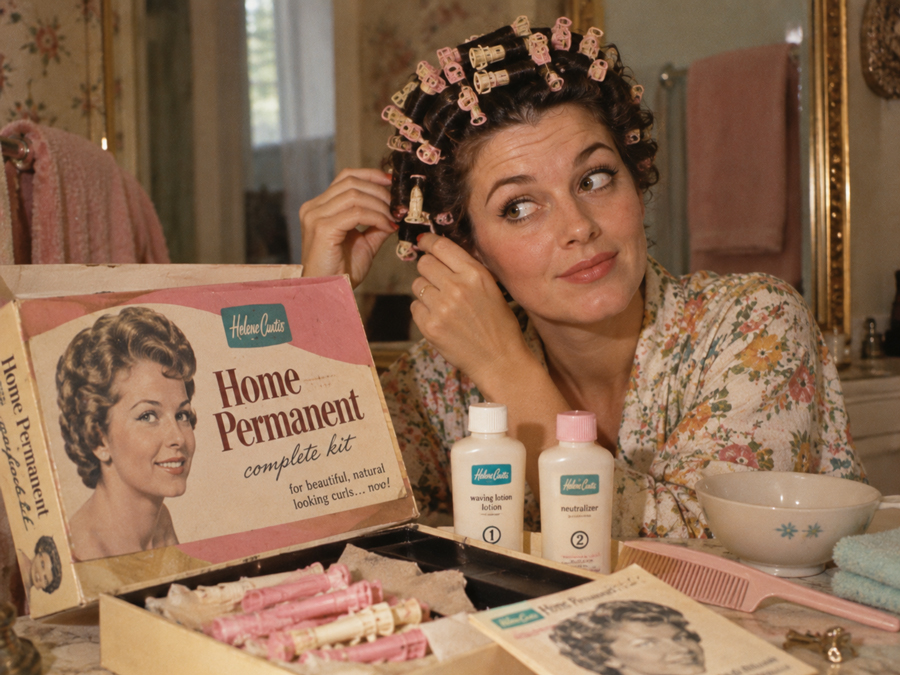 Woman with curlers in her hair sits at a vanity, using a home permanent kit. Various bottles, curlers, and instructions are on the counter. She’s looking to the side, wearing a floral robe, with a faint smile.