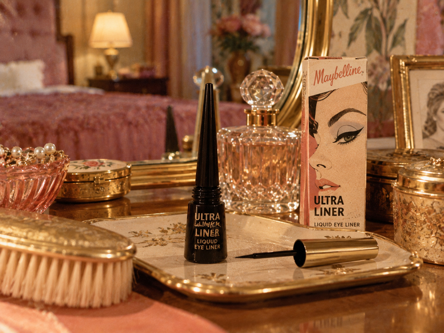 A vintage vanity scene with Maybelline Ultra Liner liquid eyeliner, its open applicator, a decorative box, crystal perfume bottle, hairbrush, and pink bedroom in the background.