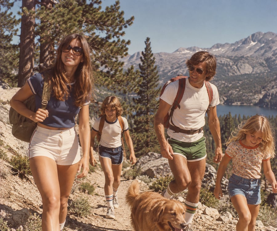A family of four and a golden retriever hike up a rocky mountain trail, surrounded by pine trees and mountains, under a clear blue sky.