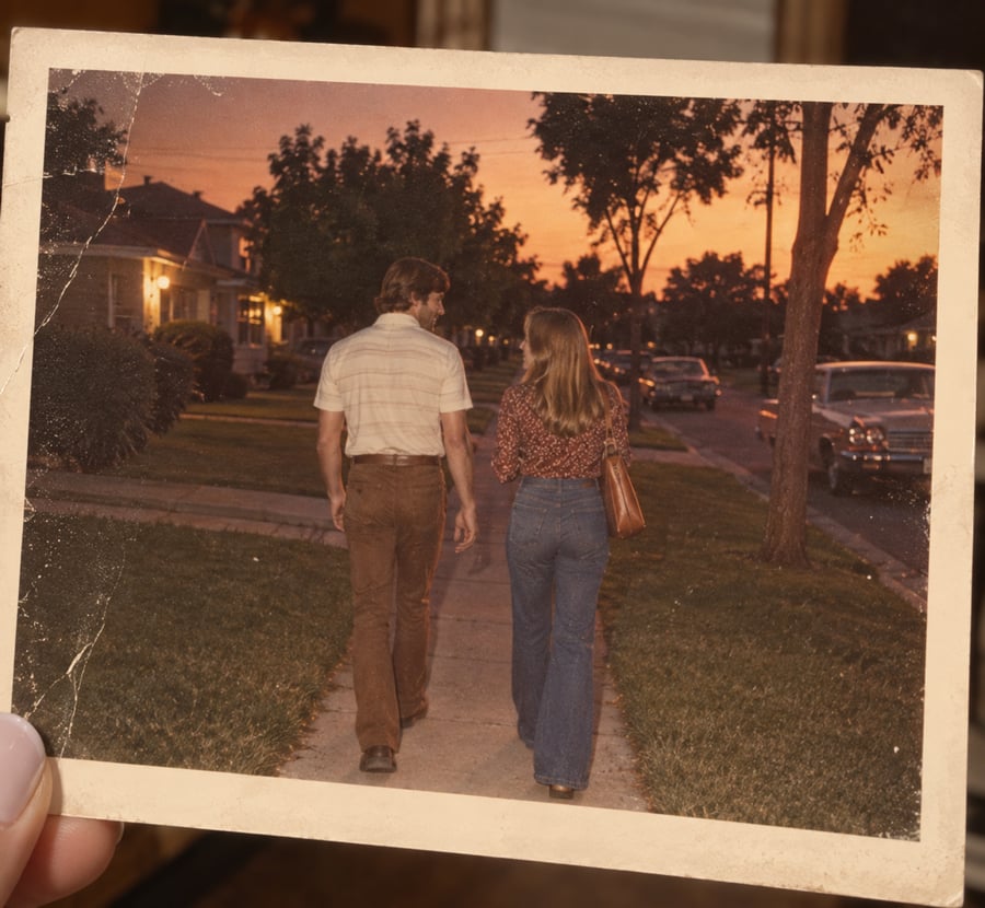 A man and woman walk down a suburban sidewalk at sunset, holding hands, with parked cars and houses visible along the street. The image has a vintage feel and is framed like an old photograph.
