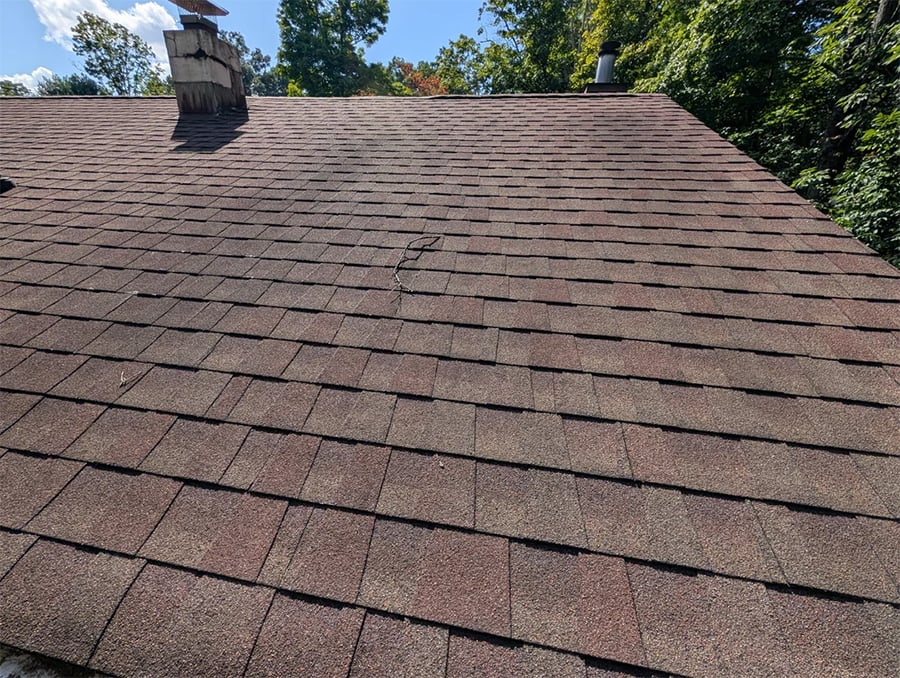 Brown shingle roof with a visible crack or damaged section near the center. Trees and blue sky are in the background, and a chimney is on the left side of the roof.