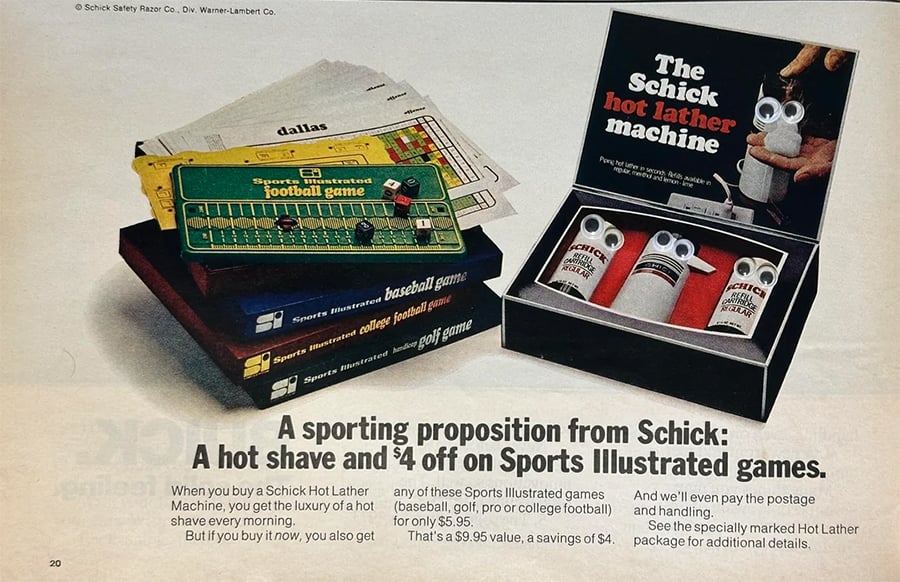 A vintage ad shows a Schick hot lather machine set and boxed Sports Illustrated board games for football, baseball, and basketball. The ad promotes a shave and a discount on board games.
