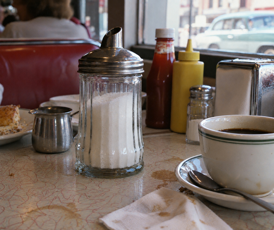A diner table with a sugar dispenser, coffee cup, ketchup, mustard, napkin holder, and a small metal creamer. Red booth seating and a window with a parked car are in the background.