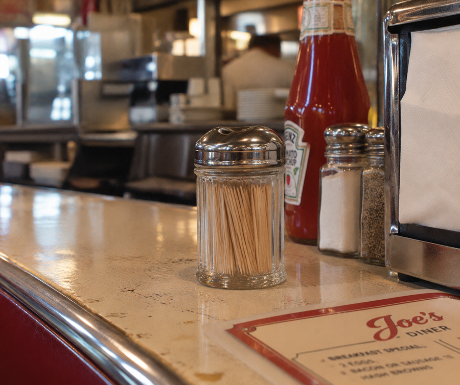 A glass toothpick holder sits on a diner counter next to ketchup, salt, pepper, napkins, and part of a Joe’s Diner menu. The background shows a classic diner interior.