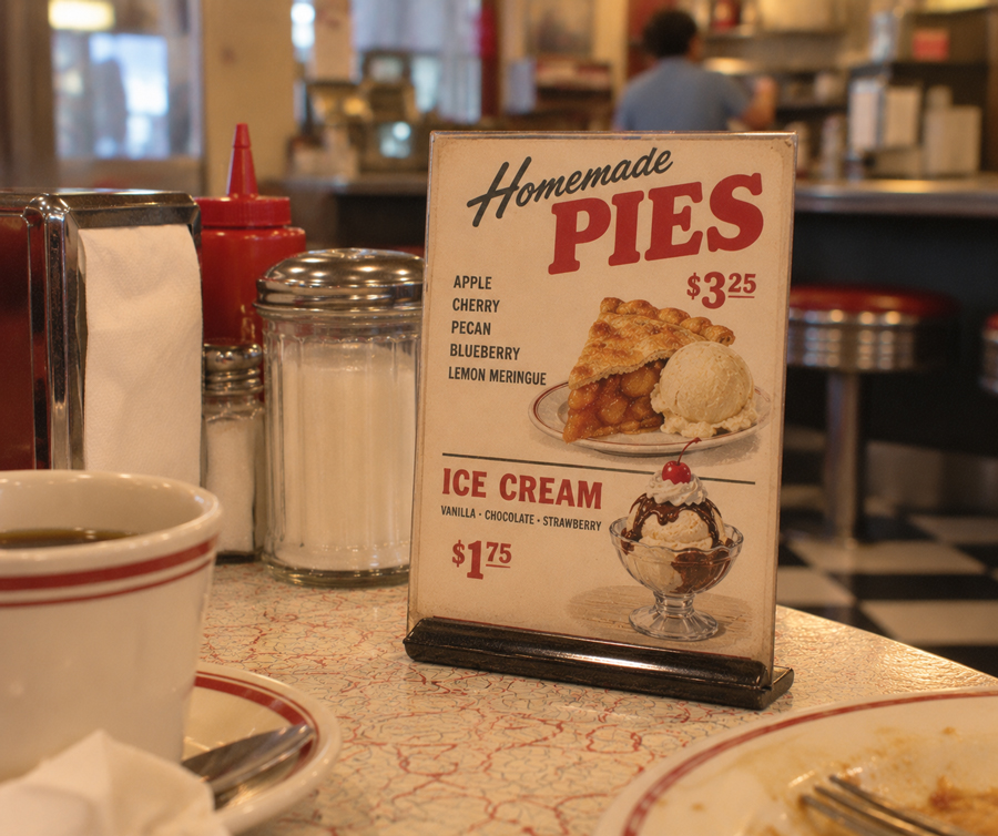 A diner table with a menu sign advertising homemade pies and ice cream. The sign shows a slice of pie with ice cream and a sundae. Sugar, a napkin holder, and a coffee cup are on the table.