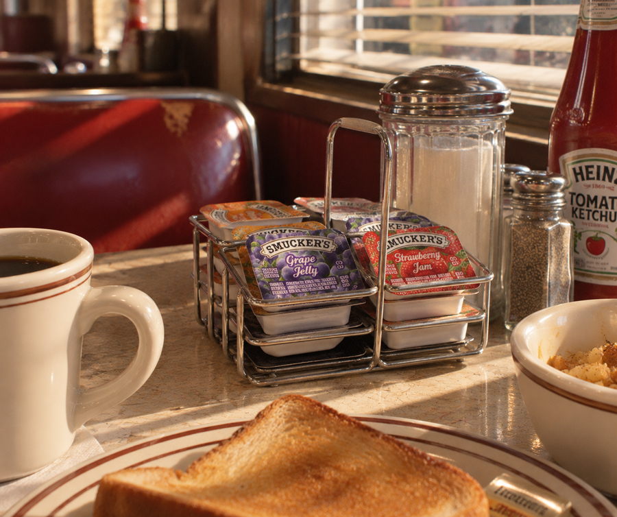 A diner table with toast, coffee, jam packets, a sugar dispenser, pepper shaker, ketchup bottle, and a bowl of food, with sunlight shining through a window onto red booth seats.