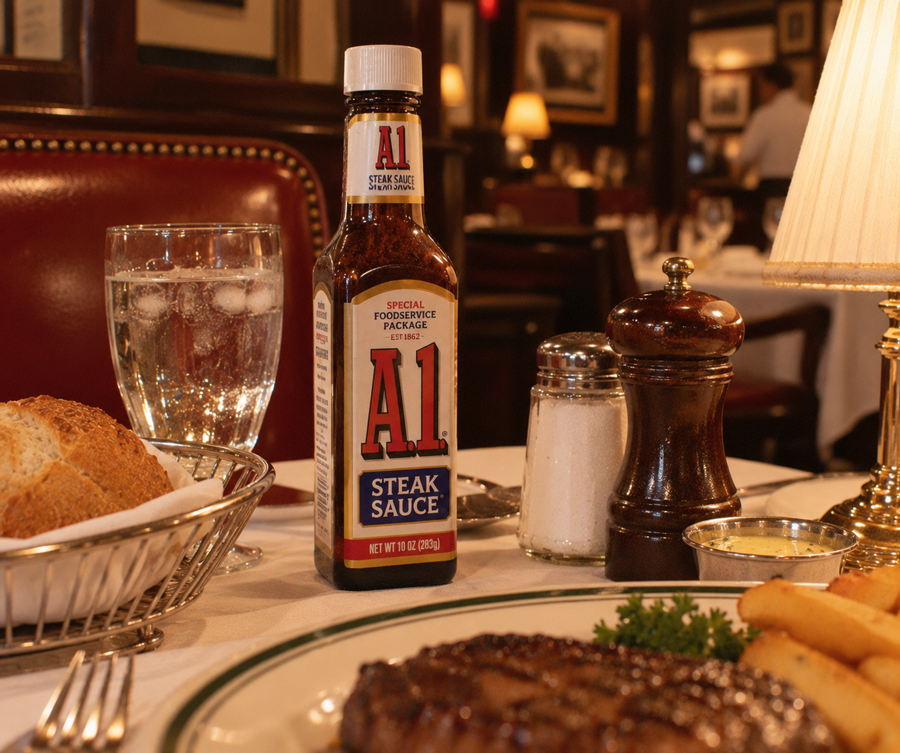 A bottle of A1 Steak Sauce sits on a restaurant table with a steak, fries, bread, a glass of water, salt and pepper shakers, and a lamp in a warmly lit dining setting.