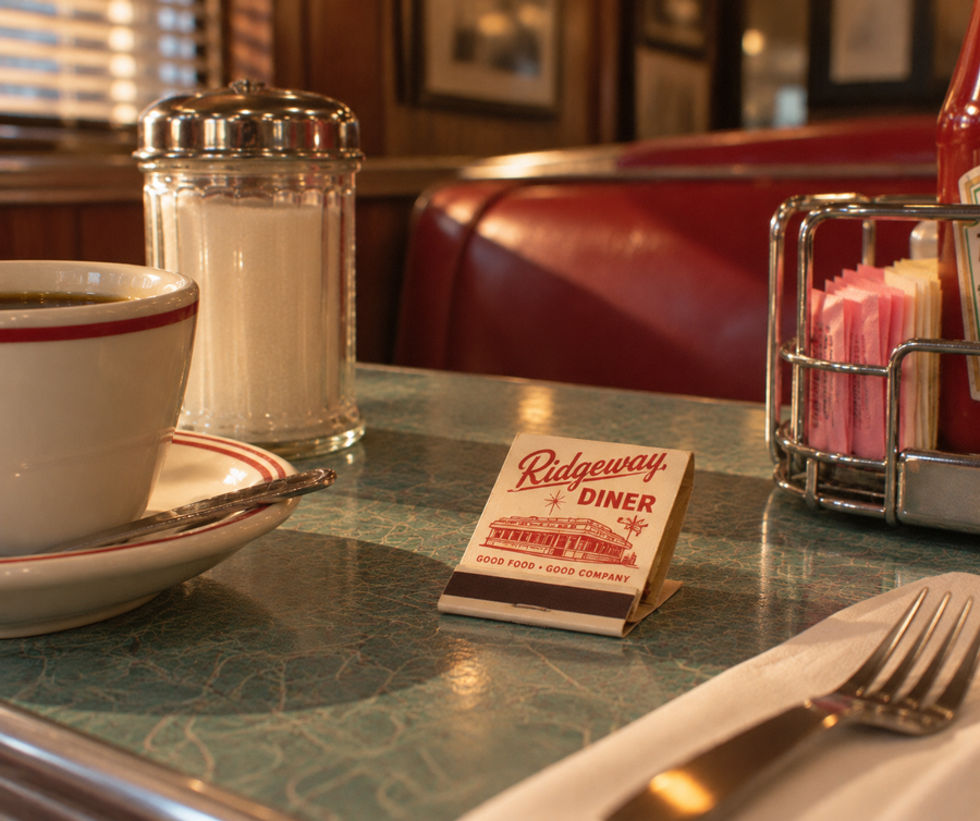 A cup of coffee, sugar dispenser, matchbook, napkin, and condiments sit on a retro diner table with red booths in the background.