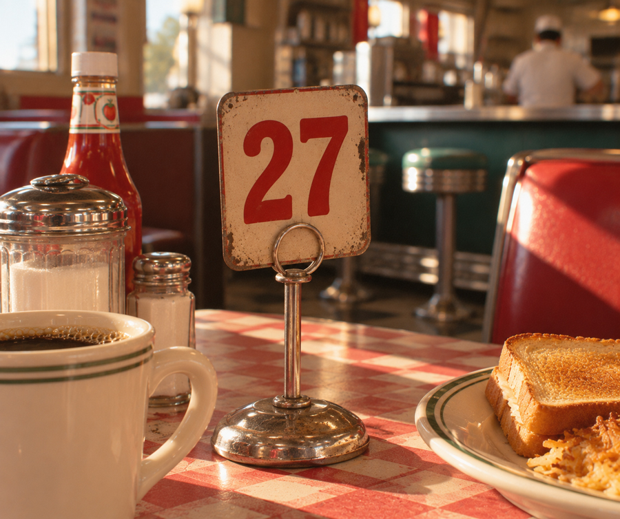 A diner table with a “27” number sign, coffee cup, plate with toast, ketchup, napkin holder, and sugar shaker, with a counter and stools in the background.