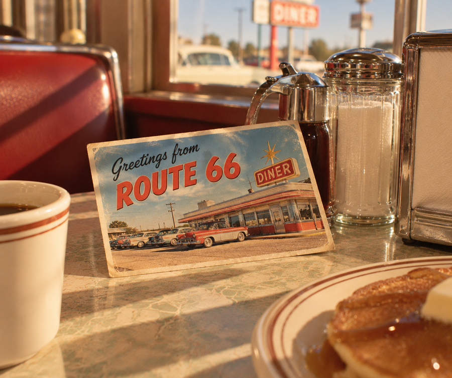 A postcard reading “Greetings from Route 66 Diner” sits on a diner table with coffee, pancakes, syrup, and a sugar shaker; a classic diner and vintage cars are seen outside the window.