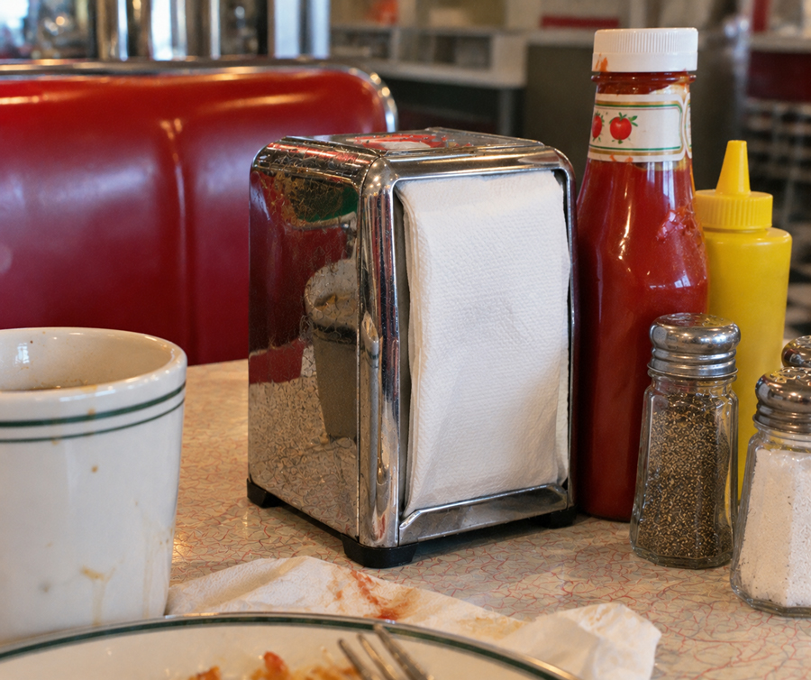 A diner table with a napkin dispenser, ketchup, mustard, salt, pepper shakers, a coffee cup, and part of a used plate. Red booth seating is visible in the background.