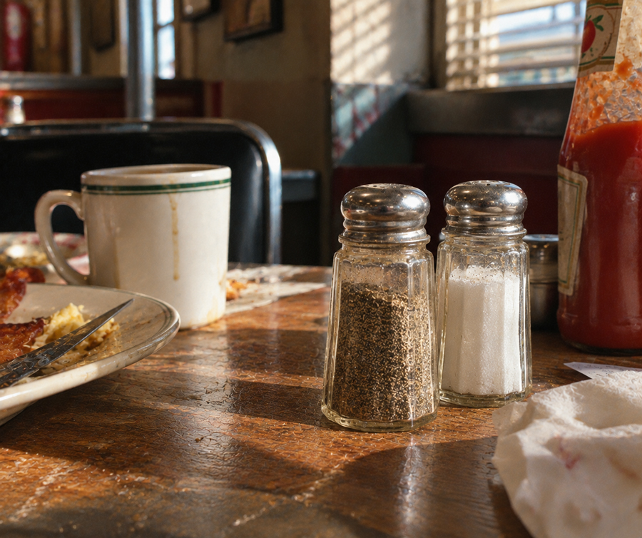 A salt shaker and pepper shaker sit on a worn wooden diner table with a coffee cup, ketchup bottle, napkin, and breakfast leftovers in the background. Sunlight streams in through nearby windows.