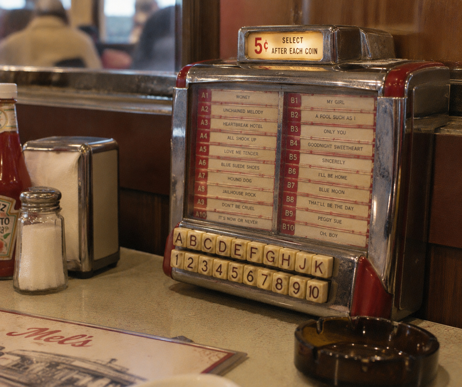 A vintage jukebox selector sits on a diner table next to ketchup, salt, and a napkin dispenser. The jukebox features song titles and coin slots, with a sign reading “5¢ SELECT AFTER EACH COIN.”