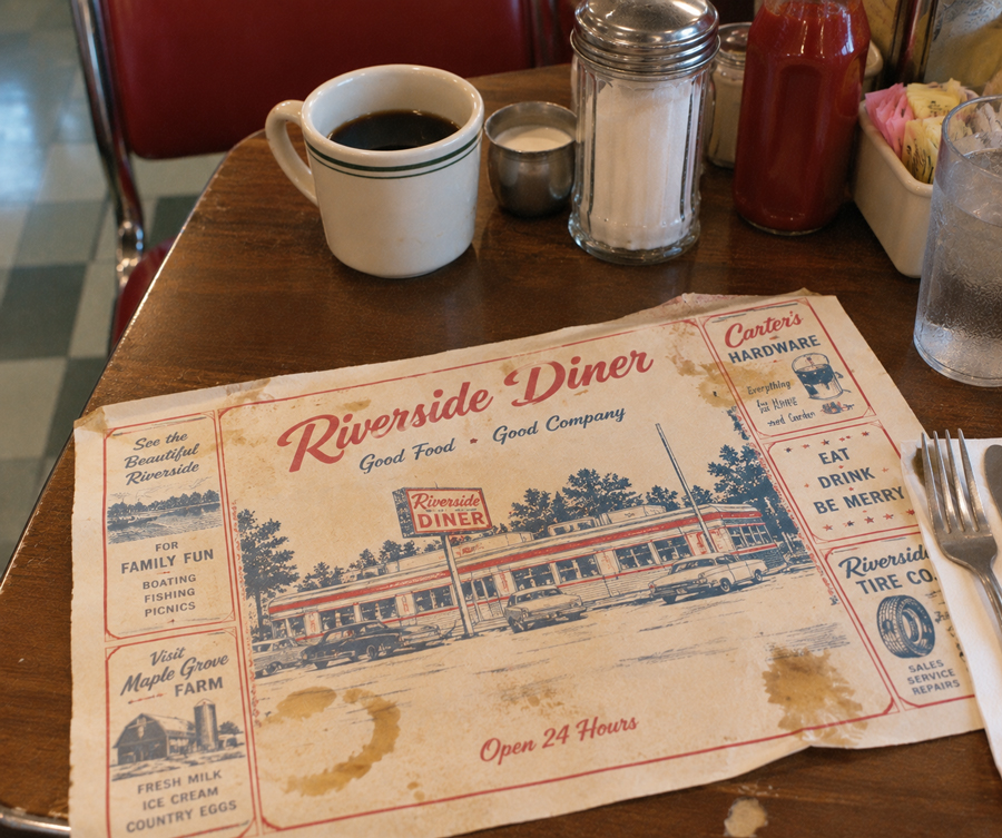 A vintage diner placemat reads “Riverside Diner,” showing an illustration of the diner. The table holds a coffee cup, creamers, jam, condiments, and utensils. The placemat has food stains and local ads.