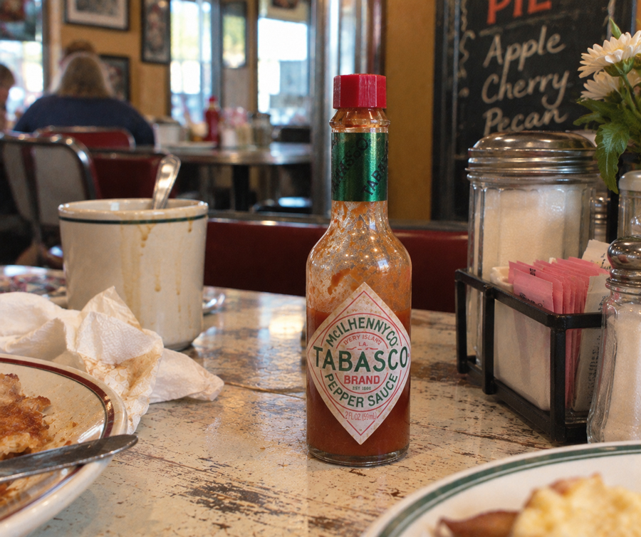 A bottle of Tabasco sauce sits on a worn diner table near a plate, mug, and napkin dispenser, with a pie sign and other diners in the background.