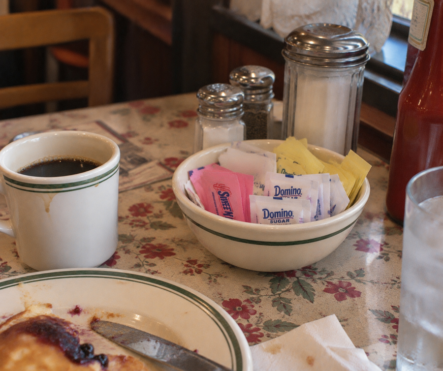 A table with a cup of black coffee, partial plate of pancakes, glass of water, bowl of sweeteners, salt, pepper, a sugar dispenser, ketchup bottle, and floral tablecloth near a window.