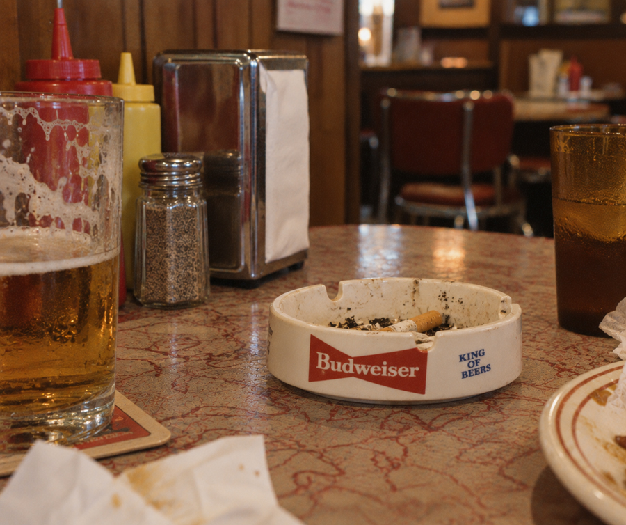 A half-empty beer glass, ashtray with cigarette butts, condiments, and a napkin holder sit on a diner table; another drink and plate are partially visible.