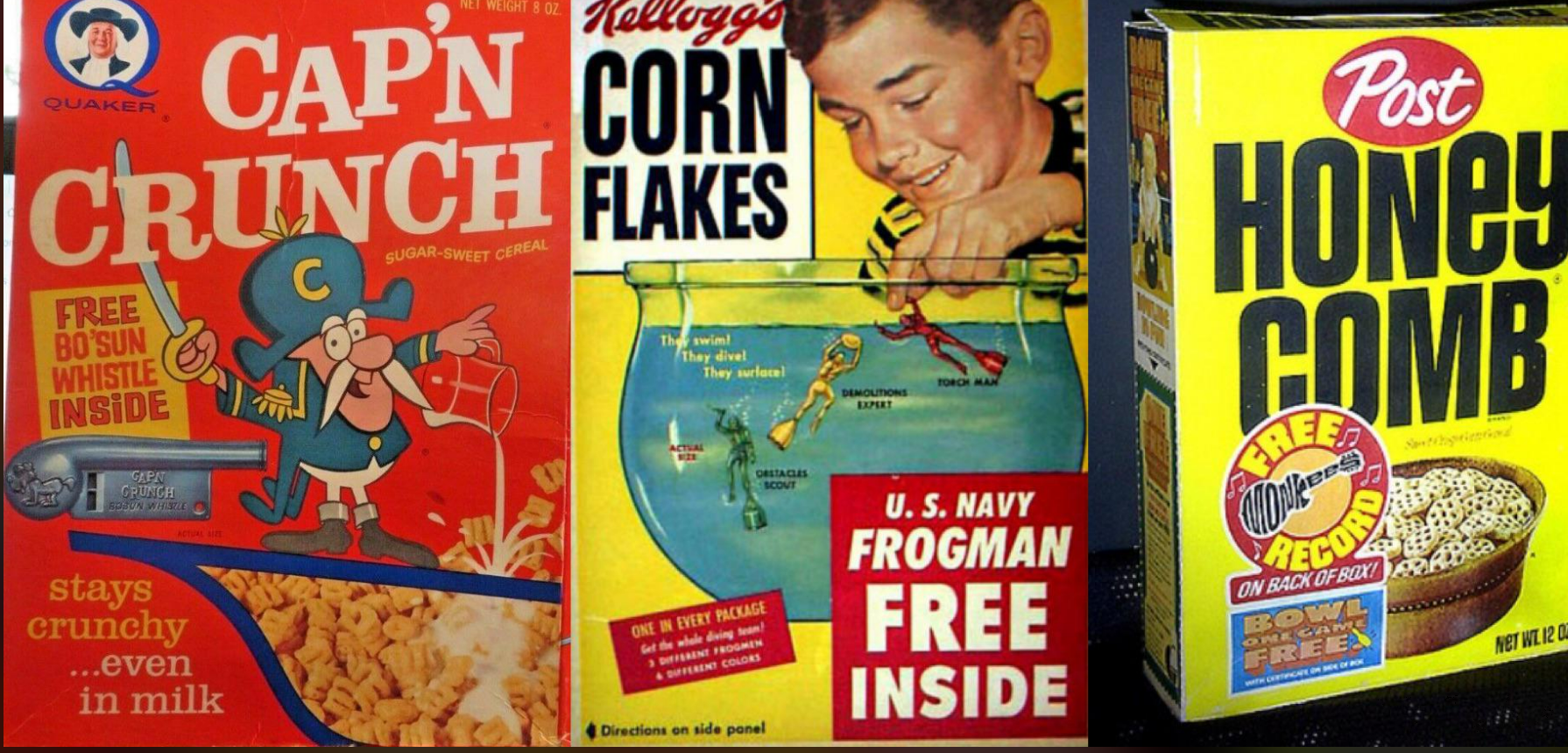 Three vintage cereal boxes: Cap’n Crunch with a cartoon captain, Kellogg’s Corn Flakes featuring a boy and frogman toy, and Post Honeycomb with a yellow honeycomb and a free record offer on the front.