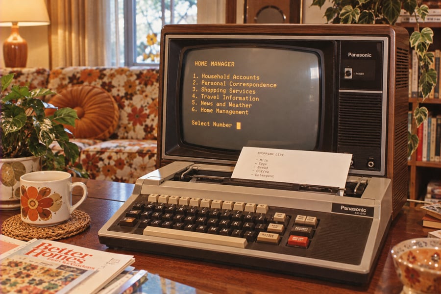 A vintage Panasonic computer sits on a wooden table with a shopping list printout, a mug, a plant, and magazines. The screen displays a home management menu in a cozy, retro living room.