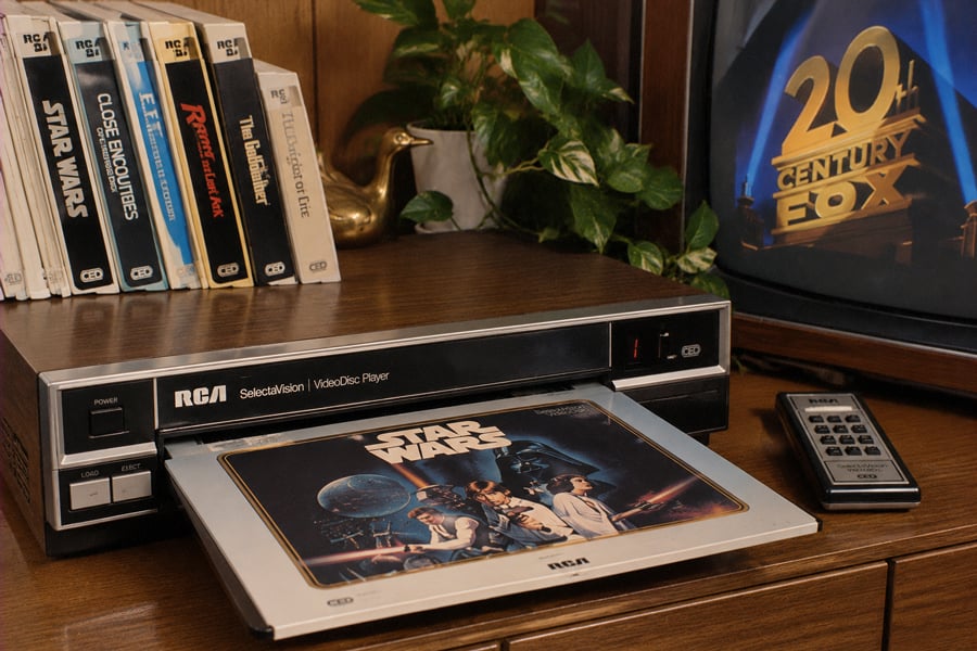 An RCA VideoDisc player with a Star Wars disc inserted sits on a wooden table, surrounded by other movie discs and a remote, with a TV showing the 20th Century Fox logo in the background.