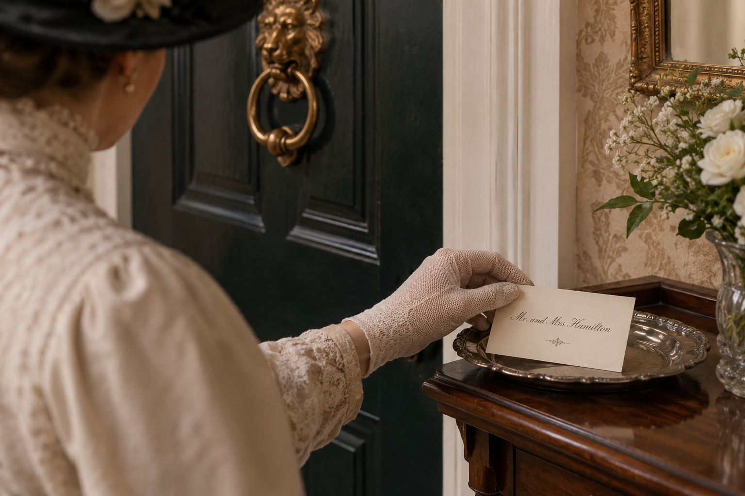 A woman in vintage attire and gloves places a card reading “Mr. and Mrs. Hamilton” on a silver tray near a black door with a gold knocker.