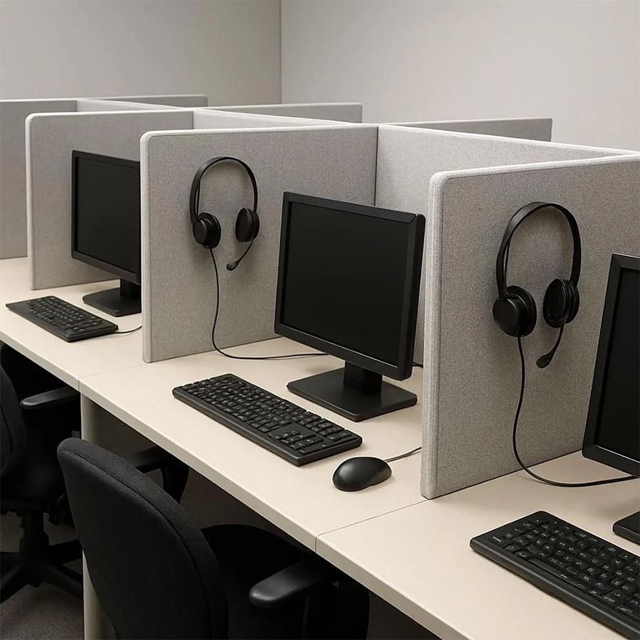 A row of empty cubicles with computers, keyboards, mice, and headsets on beige desks, separated by gray partitions in an office setting.