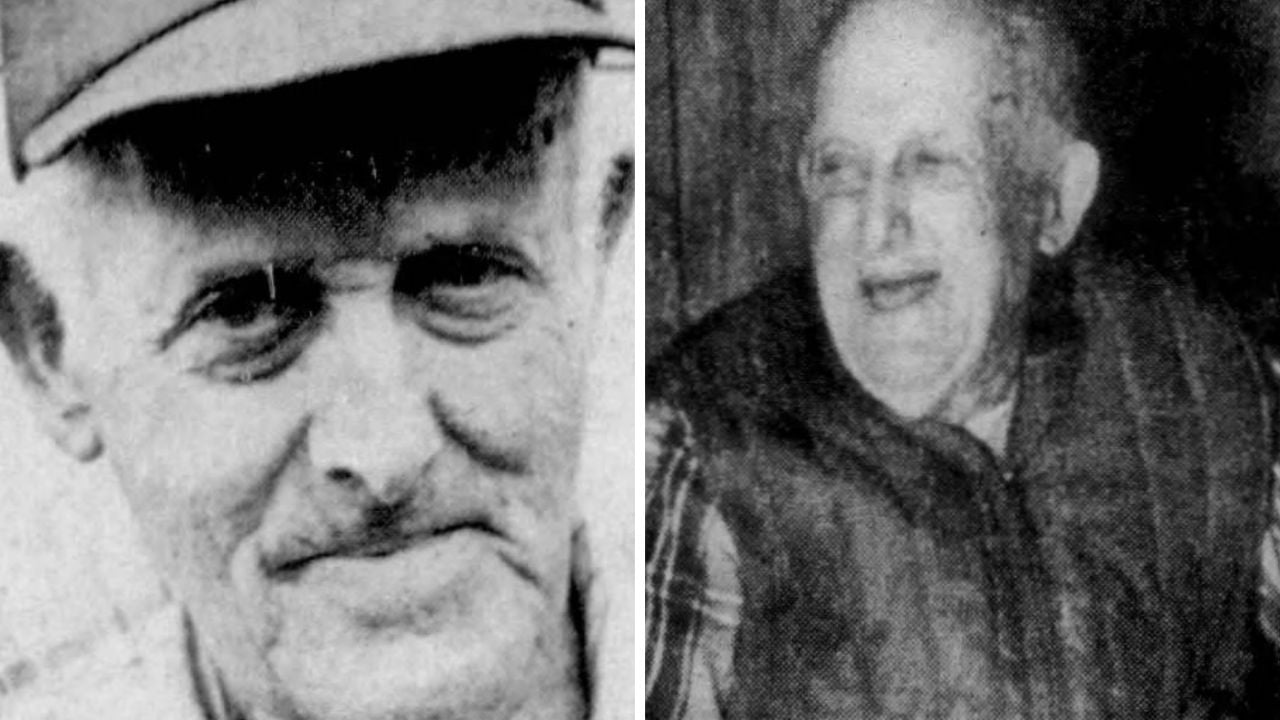 Two black-and-white photos side by side: on the left, an older man wears a cap and slight smile; on the right, an elderly man with thinning hair smiles broadly, wearing a plaid shirt and vest.