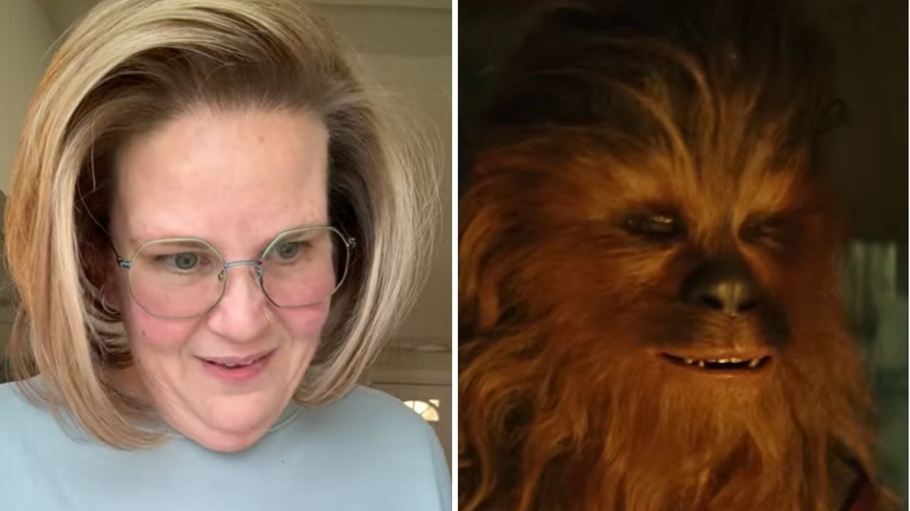 Split image: On the left, a person with glasses and voluminous hair smiles. On the right, the character Chewbacca from Star Wars is shown, also with thick, brown hair, both seemingly amused.