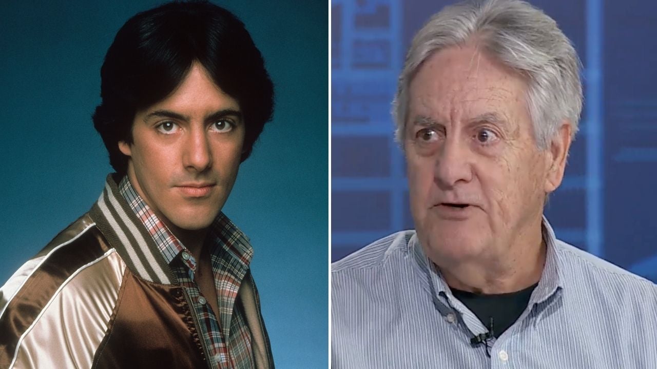 Side-by-side photos show a younger man in a shiny jacket on the left and an older man with gray hair and a striped shirt on the right.
