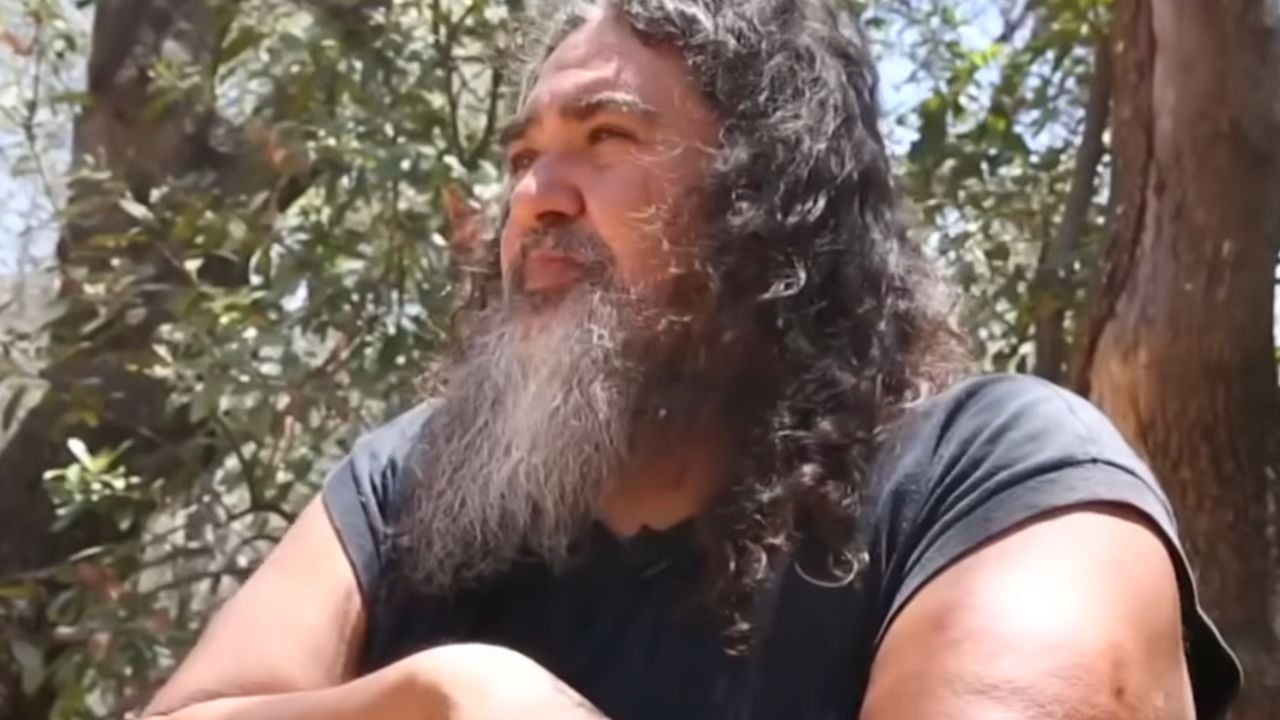 A person with long curly hair and a gray beard sits outdoors, surrounded by trees, looking to the side with arms crossed. Sunlight filters through the leaves.