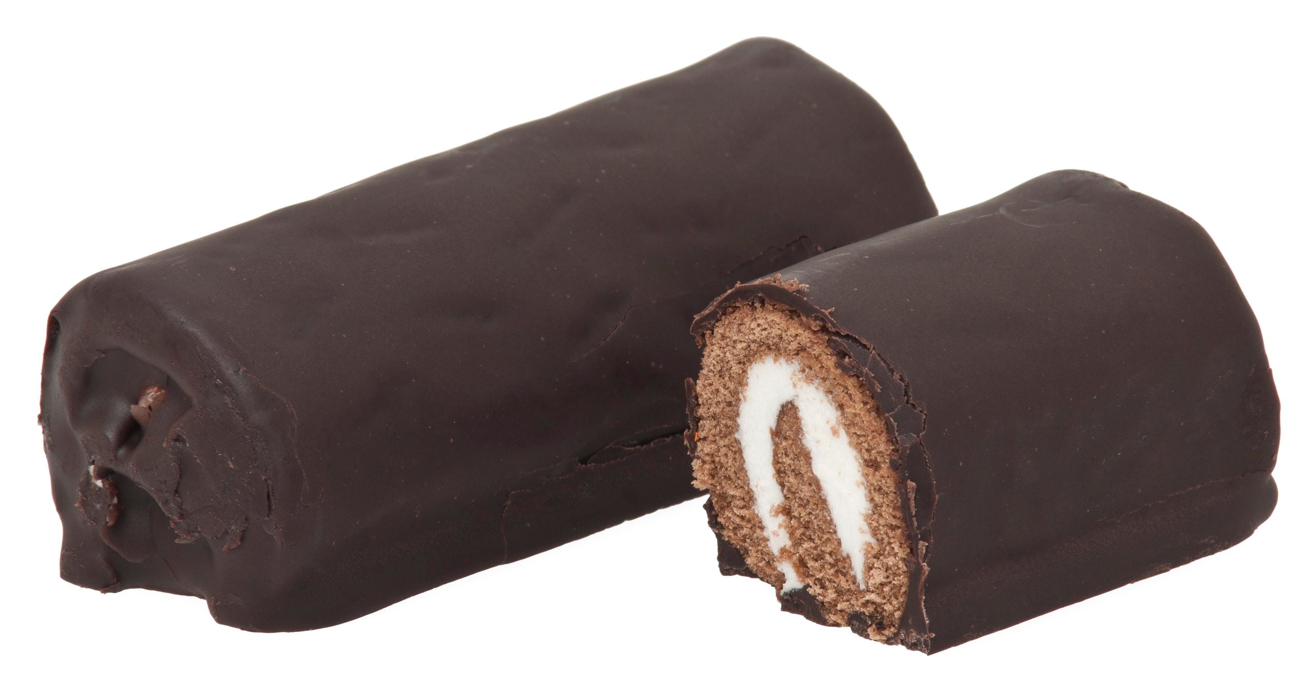 Two chocolate-covered Swiss roll cakes, one whole and one sliced open to reveal a spiral of chocolate cake and white cream filling, set against a white background.