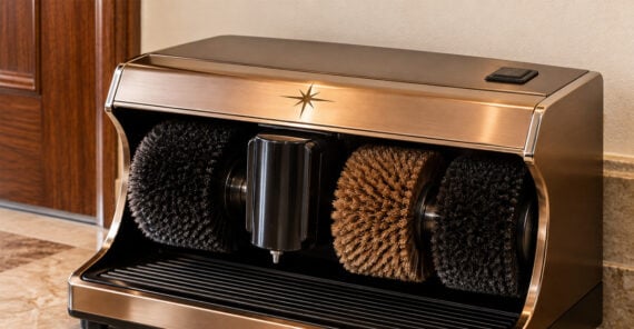A bronze automatic shoe polishing machine with three rotating brushes, placed indoors near a wooden door and beige wall.