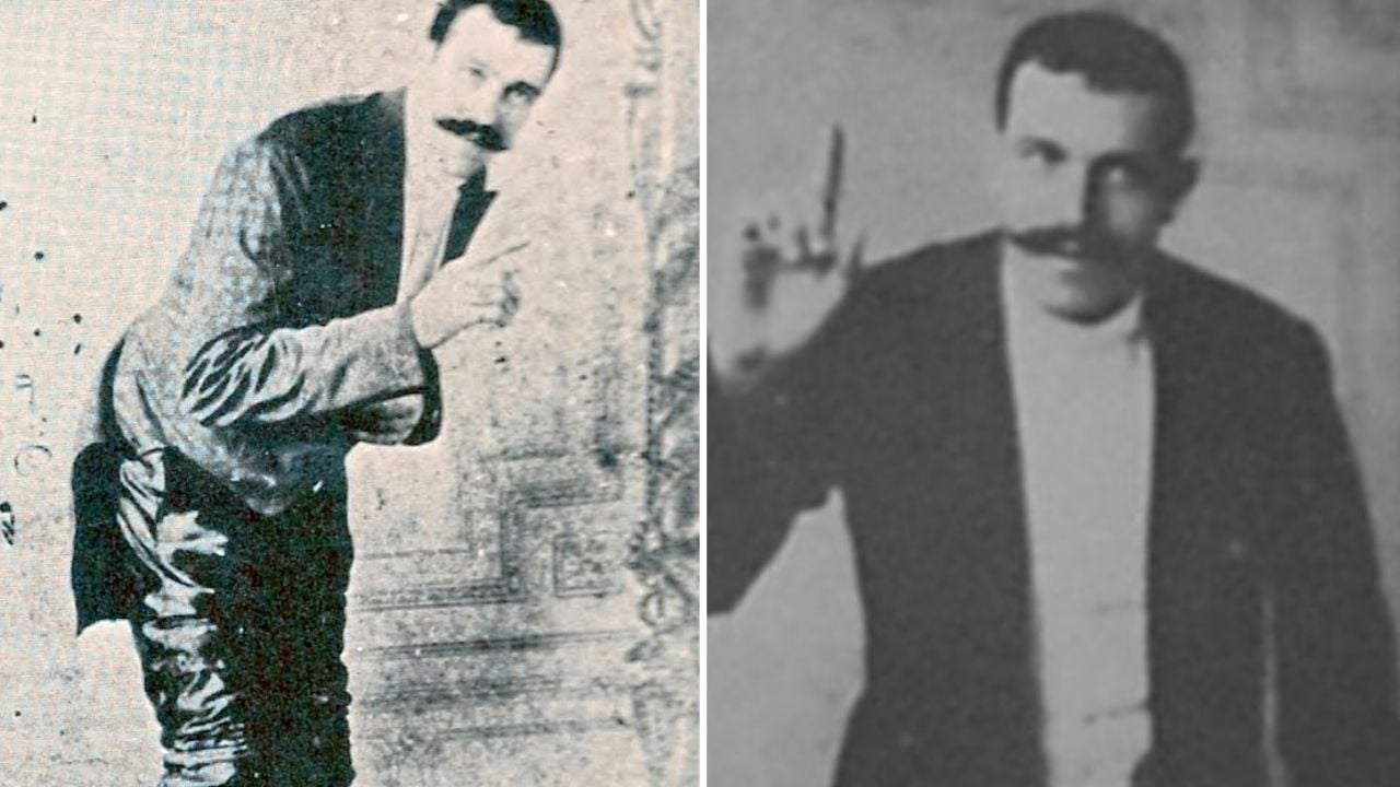 Two vintage black-and-white photos of a man with a mustache, wearing a suit, making gestures with his right hand; on the left, he leans forward, and on the right, he holds up his index finger.