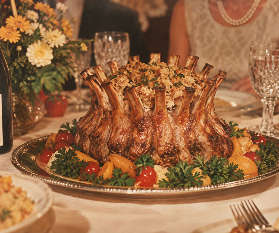 A crown roast of pork filled with stuffing, garnished with parsley, cherry tomatoes, and roasted vegetables, sits on a silver platter at an elegant, formal dinner table.