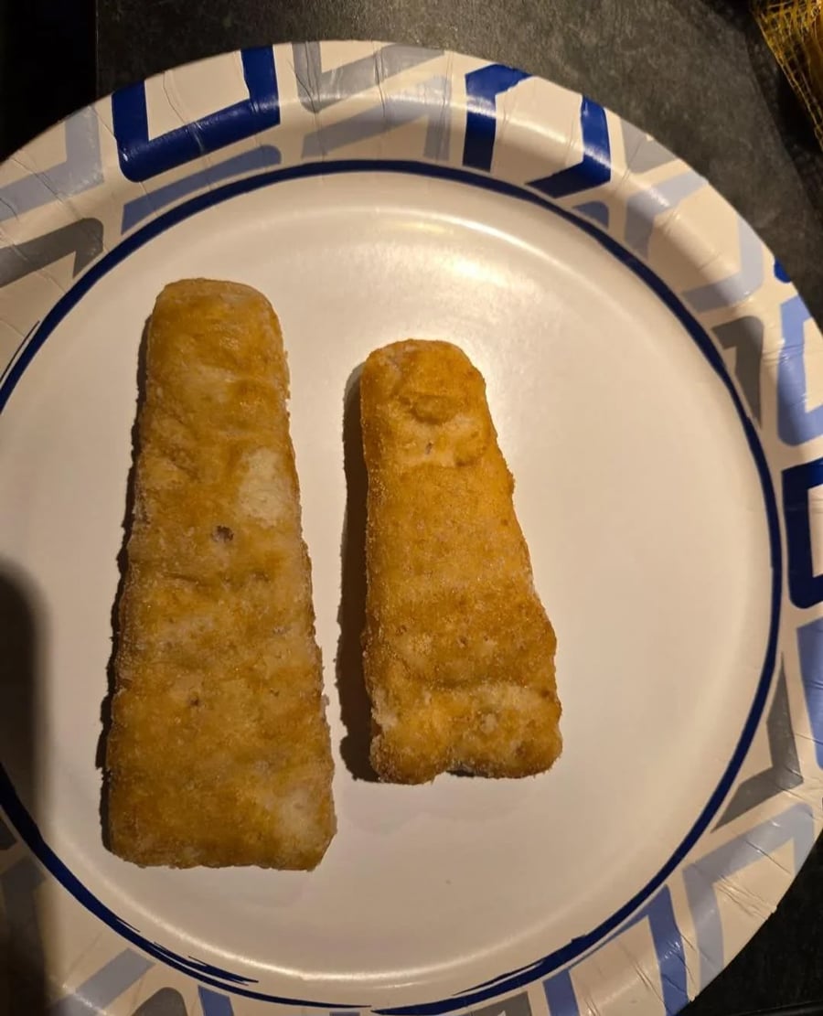 Two breaded fish sticks, one noticeably larger and differently shaped than the other, are placed on a white paper plate with a blue geometric pattern around the rim.