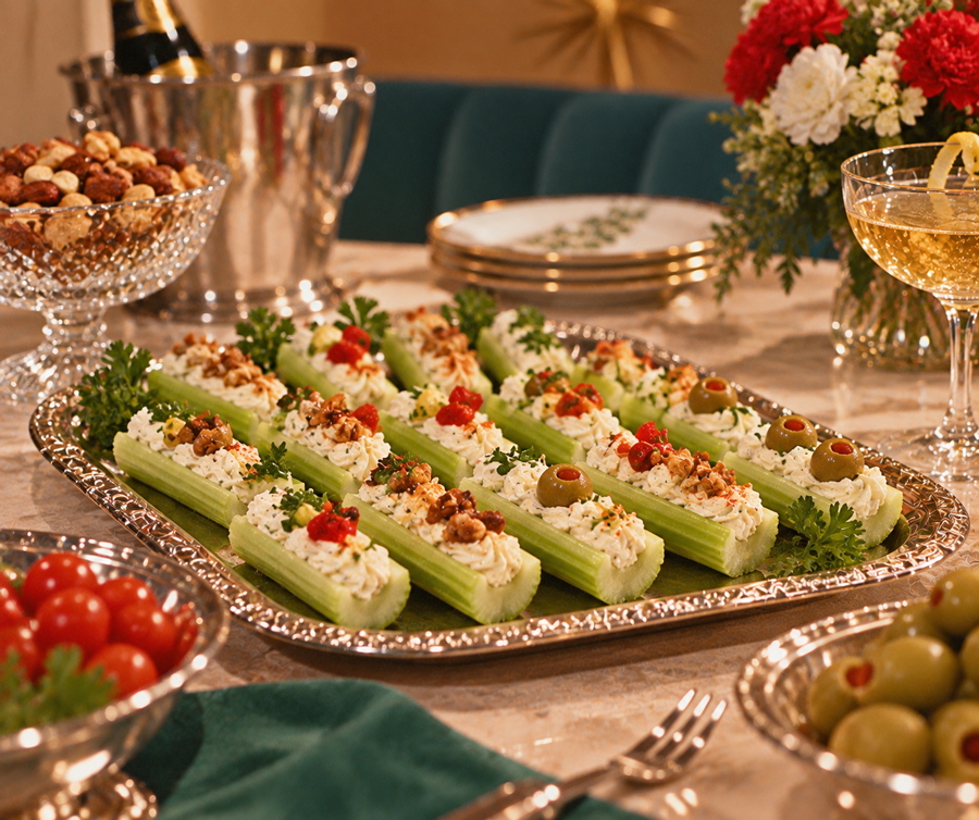 A silver tray with celery sticks stuffed with cheese, olives, and pimentos sits on a decorated table with flowers, plates, nuts, tomatoes, green olives, and a glass of sparkling drink with a lemon twist.