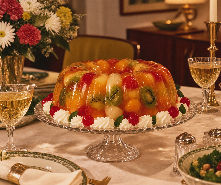 A colorful fruit jelly mold with kiwi, cherries, and orange segments on a glass cake stand, garnished with whipped cream, sits on an elegant dining table set for a meal.