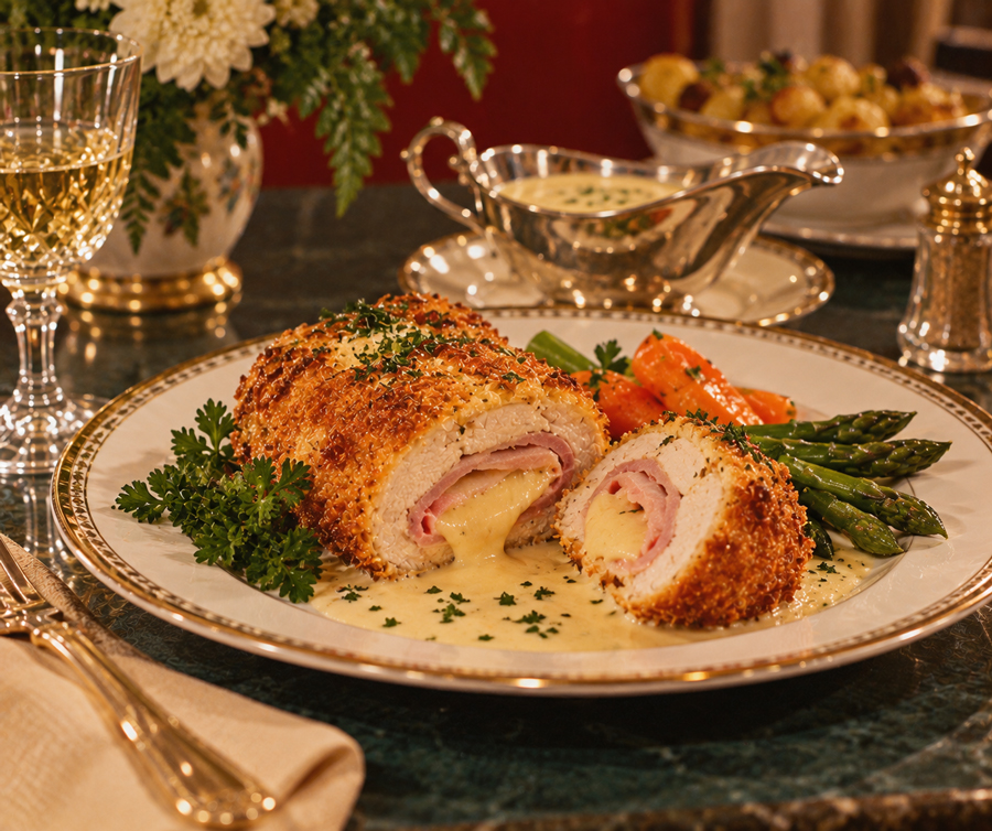 A plate of chicken cordon bleu sliced to show melted cheese and ham, served with asparagus, carrots, parsley garnish, and creamy sauce. Wine and roasted potatoes are in the background.