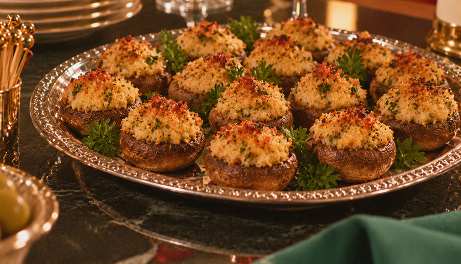 A silver platter filled with stuffed mushrooms, garnished with parsley, sits on a dark table. The mushrooms have a golden, crispy topping.