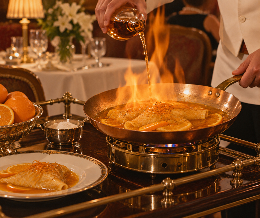 A chef flambés crepes in a pan tableside, pouring liquor and creating flames, with a plate of finished crepes and elegant dining setting in the background.