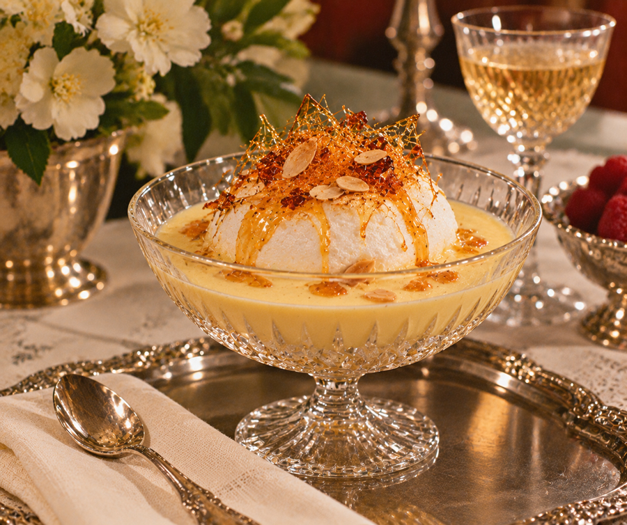 A crystal dish holds a dessert with a fluffy white mound topped with caramel and almonds, sitting in yellow custard. A spoon, flowers, and wine glasses are on a silver tray beside the dish.