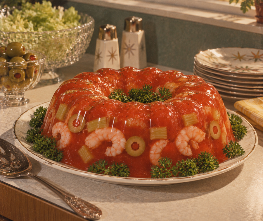 A retro gelatin mold with shrimp, olives, celery, and parsley on a plate, surrounded by dishes and salt and pepper shakers on a kitchen counter.