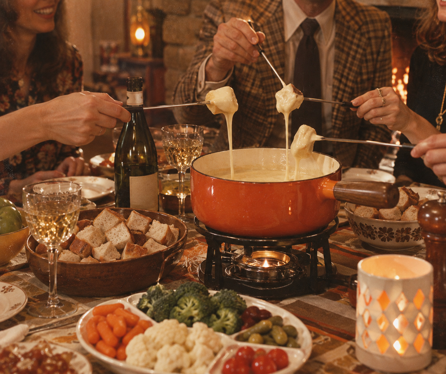 Four people dip bread into a pot of cheese fondue at a cozy dinner table, surrounded by wine, vegetables, and candlelight in a warm, rustic setting.